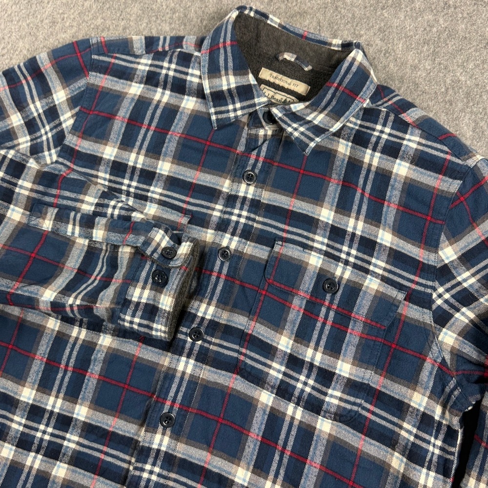 LL Bean Fleece Lined Flannel Shirt Mens Medium Shacket Gren Blue Plaid